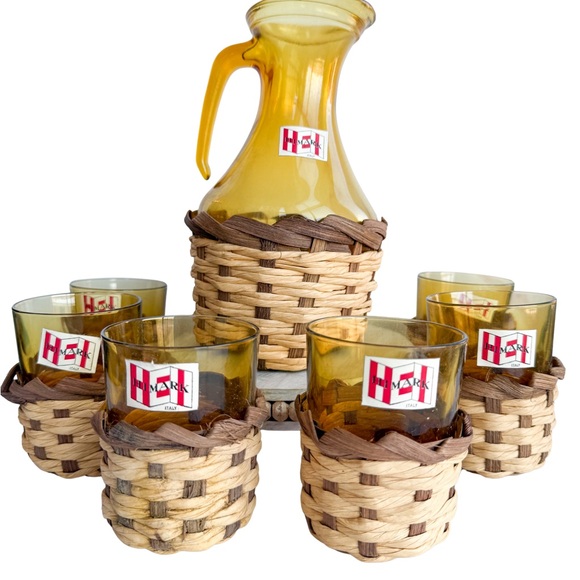 Vintage HiMark Italy Rattan Wrapped Glass Pitcher 6 Rocks Glasses NEW OLD STOCK - Picture 13 of 13
